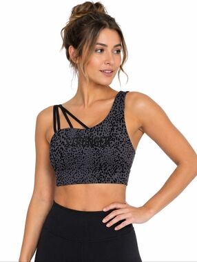 Stronger One Shoulder Sports Bra Leopard Print Black Grey XS Workout Top